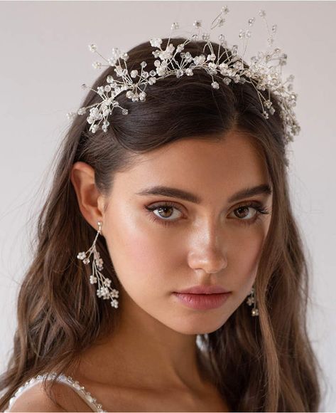 Soho Style Rhinestone Floral Wedding Hair Piece with Matching Earrings Olive Skin Makeup, Floral Hair Piece Wedding, Floral Wedding Hair, Soho Style, Wedding Makeup For Brown Eyes, Bridal Eye Makeup, Wedding Hair Piece, Bridal Makeup Natural, Hair Crown