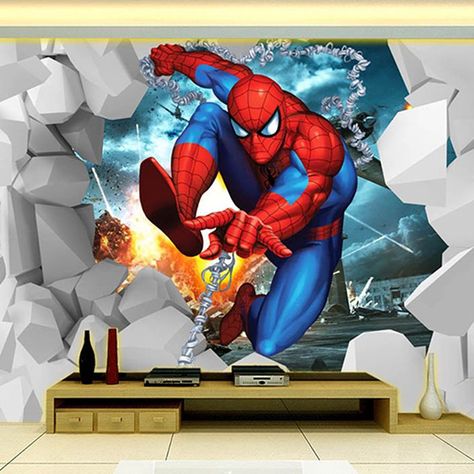 3d Wallpaper Spiderman, Wallpaper Spider Man, Spiderman Room, Superman Wallpaper, Cool Kids Bedrooms, Superhero Room, Wall Stickers 3d, Large Mural, Photo Mural