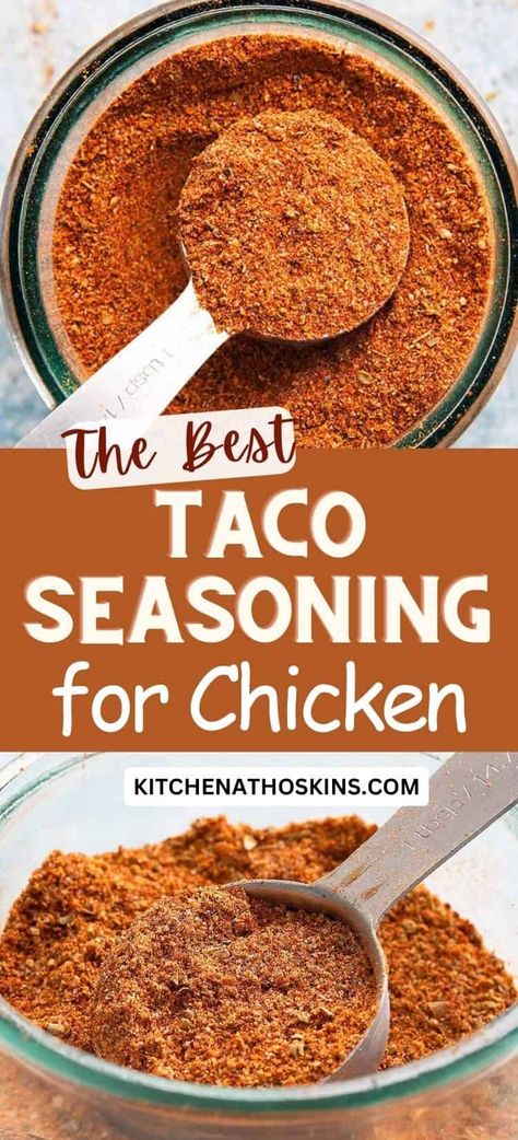 Learn how to make the best chicken taco seasoning recipe for 1 pound chicken. It's easy, homemade, gluten-free and can be made without cumin. This homemade taco seasoning is ideal to make authentic Mexican food and can be used in chicken thigh recipes, tacos, fajitas or ground chicken. Get the homemade chicken taco seasoning recipe at kitchenathoskins.com. Mexican Chicken Dishes, Chicken Taco Seasoning Recipe, Authentic Chicken Tacos, Seasoning For Chicken, Easy Taco Seasoning Recipe, Recipes Tacos, Taco Seasoning Mix Recipe, Diy Spice Mix, Ground Chicken Tacos