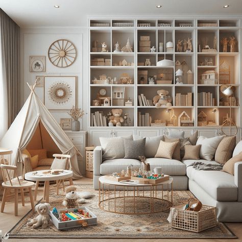 image-11 - ScDecorum Sitting Room Playroom Ideas, Half Playroom Half Family Room, Family Room Toddler Friendly, Library Playroom Combo, Family Room Design Kid Friendly, Playspace In Living Room, Toddler Friendly Living Room Ideas, Small Playroom Ideas In Living Room, Playroom Sitting Room Combo