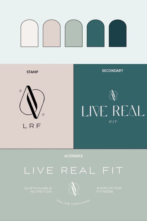 Custom logo and branding for Live Real Fit, a nutrition and fitness coach. Brand elements were created to communicate strength, warmth, and inclusivity to clients. Logos, Logo Development, Nutrition And Fitness, Brand Elements, Developer Logo, Nutrition Branding, Online Fitness Coaching, Logo And Branding, Geometric Logo