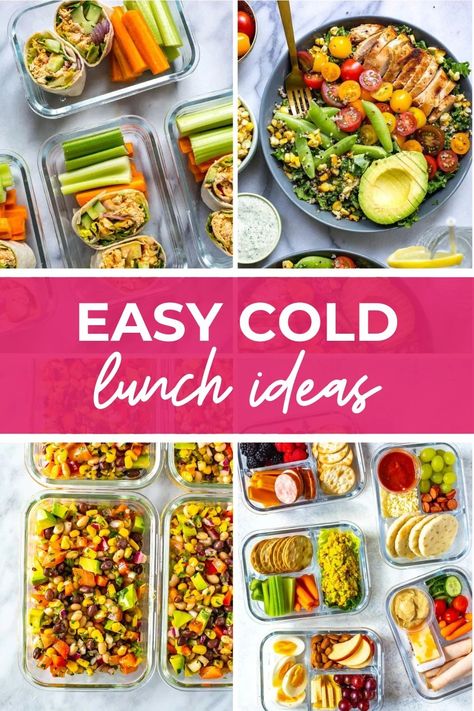 These easy cold lunch Ideas are perfect for meal prepping to bring to work—they're make ahead options that don't need to be reheated! Meal Prep Cold Lunches To Work, Easy Cold Lunches, Lunches Under 300 Calories, Easy Work Lunch Ideas, Easy Cold Lunch Ideas, Cold Lunch Ideas For Work, Easy Packed Lunch, No Heat Lunch, Cold Lunch Ideas