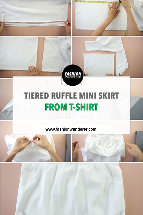 Make this adorable tiered ruffle mini skirt to prepare for the coming summer season, another mini skirt from t-shirt design. DIY fashion is exciting to wear, not only do the pieces look cute and fit well, but you made it! Skirt From Shirt, Diy Mini Skirt, Shirt To Skirt, Clothes Sewing Projects, Skirt Diy, Sewing Projects Clothes, Ruffle Mini Skirt, Clothes Sewing, Sewing Projects For Beginners