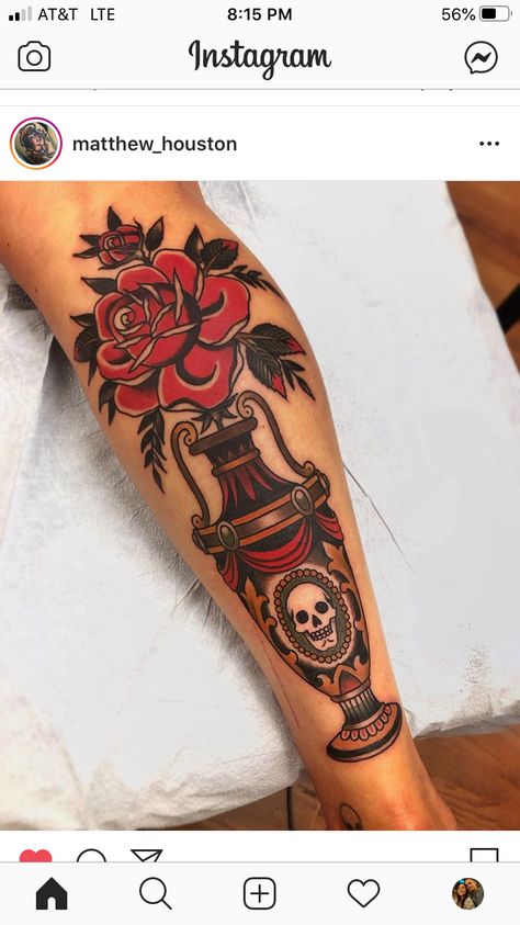 Urn Tattoo, Tattoos American Traditional, American Traditional, Having A Blast, Leg Tattoos, Flower Tattoos, Traditional Tattoo, Tattoos And Piercings, Traditional Art