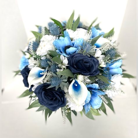 Never Used, Professionally Made Xl Bridal Bouquet With 1 Matching Boutonnire And 1 Wrist Corsage. Perfect For Small Ceremony Or Elopement. Dark Blue Bouquet Wedding, Royal Blue And Silver Bouquet, Dark Blue Bridal Bouquet, Blue Bridal Bouquet Real Flowers, Mama Mia Flowers, Dark Blue Wedding Bouquet, Blue Bridesmaid Flowers, Wedding Bouquets With Blue, Royal Blue Flower Bouquet