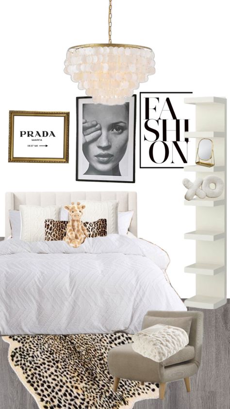 Glamour Aesthetic Bedroom, White Black And Gold Bedroom Ideas, Bedroom Ideas Picture Wall, Bedrooms With Pink Accents, Dorm Bed Inspiration, Cool Girl Room Decor, Post Grad Bedroom Ideas, Kate Moss Bedroom, It Girl Room Decor