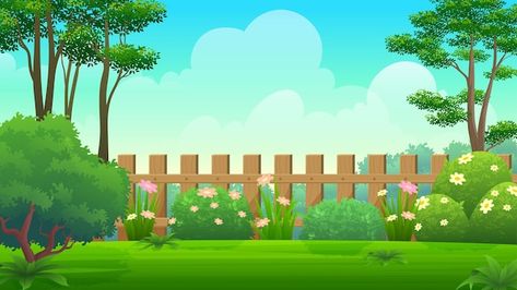 Beautiful backyard with wooden fence, gr... | Premium Vector #Freepik #vector #home-garden #yard #landscape-design #garden-design Backyard Landscaping Drawings, Animated Garden Background, Cartoon Garden Background, Garden Background Drawing, Backyard Cartoon, Backyard Drawing, Garden Drawing Simple, Yard Drawing, Animated Garden