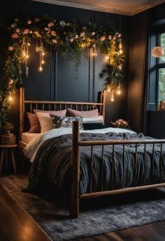 Dark and moody bedroom Comfy Bedroom Inspirations, Small Romantic Bedroom Ideas, Moody Apartment Bedroom, Moody Aesthetic Home, Moody Teen Bedroom, Dark Feminine Decor, Dark Core Aesthetics, Dark Walls Bedroom, Moody Feminine Bedroom