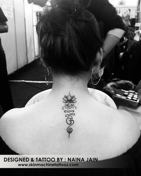 Unalome And Om Tattoo, Unalome Om Lotus Tattoo, Unalome With Om Tattoo, Hindu Flower Tattoo, Om Neck Tattoos Women, Om Back Tattoo Women, Om With Lotus Tattoo, Lotus And Om Tattoo, Om Tattoo Design Women Neck