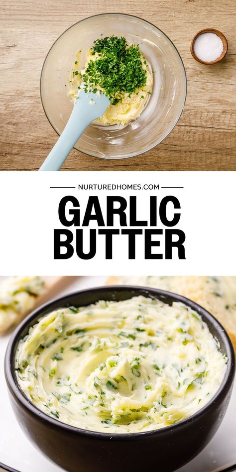 I love making this easy (and super addictive) garlic butter recipe! All you need is some butter, salt, garlic and parsley. Butter Recipes Homemade, Make Garlic Butter, Toasted Baguette, Homemade Garlic Butter, Garlic Scapes, Rosemary Garlic, Steak Butter, Flavored Butter, Cinnamon Butter