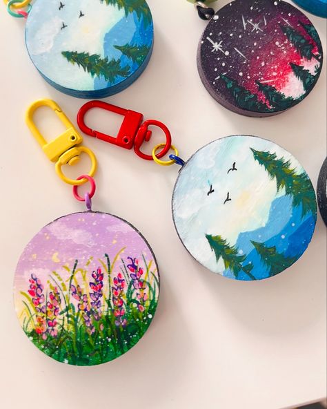 Cute Colorful Nature Keychains 🔑🌲🏞️🌄 Made from wood, painted with acrylics and uv resin for strong protection. #annawanderart #acrylicpainting #acriliconwood #keychainsforsale #cutekeychain #handpainted #handpaintedkeychain #lovemykeychain #handmadewithlove #produsinromania #dichisar #susținemproducătoriilocali #handmadeuk #loveforcolor Painted Keychain Ideas, Painted Keychain, Keychain Ideas, Colorful Nature, Cute Keychain, Paint Ideas, Uv Resin, Keychains, Hand Painted