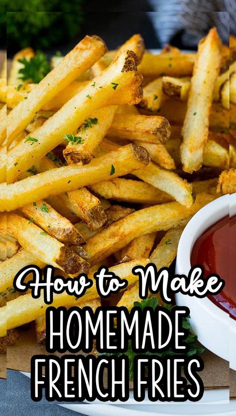 These homemade french fries are potatoes that are cut into sticks and deep fried until golden brown, then sprinkled with seasonings. Homemade Fried French Fries, Diy French Fries, Wedges Potato, French Fries At Home, Potatoes Fries, Baked French Fries, Fries At Home, Perfect French Fries, Best French Fries