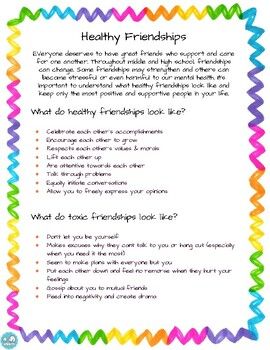 In this 2-page worksheet, middle and high school students learn about the different between healthy and toxic friendships.  This would be a great activity to do in a girls counseling group or 1:1 with a student.  Students not only will learn about the types of friendships but they will also be given the opportunity to reflect on their own relationships. Healthy Friendship Activities, Types Of Friendships, Teen Counseling Activities, Social Emotional Learning Activities High School, Mental Health Activity Ideas High School, Healthy Friendships, Middle School Friendship Lessons, Friendship Group Counseling Activities, Group Activities For Teens