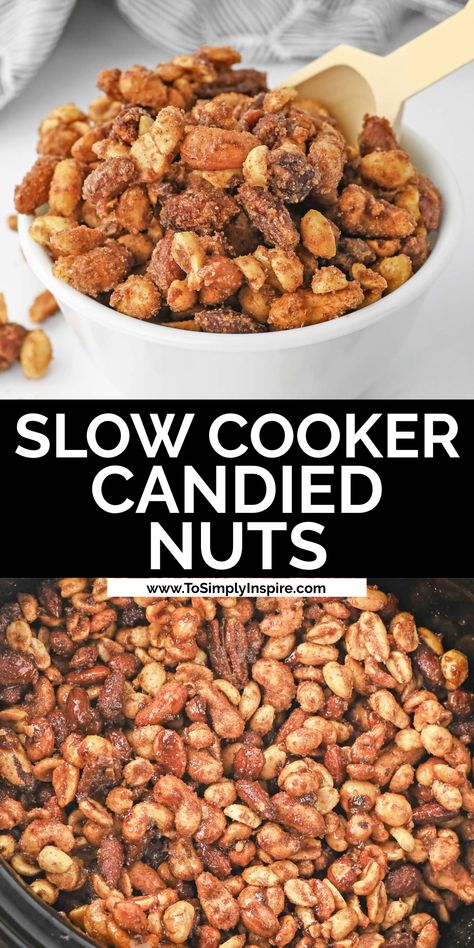 crockpot candied nuts slow cooked in a cinnamon sugar mixture and in a white bowl. Cinnamon Nuts Recipe Crock Pot, Slow Cooker Candied Almonds, Nuts Snacks Ideas, Sweet Spiced Nuts Recipe, Crock Pot Pecans Candied, Candies Nuts Recipe, Candied Nuts Crockpot, German Roasted Nuts Recipes, Candied Nuts Recipe Easy Crockpot