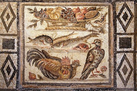 Floor mosaic depicting birds, fish and fruit basket. Opus vermiculatum, Roman artwork of the end of the Ist century AD/begin of the Ist century BC. National Museum of Rome. Opus Vermiculatum, Ancient Roman Art, Pompeii And Herculaneum, Roman Mosaic, Mosaic Madness, Modern Mosaics, Mosaic Pictures, Roman History, Roman Art