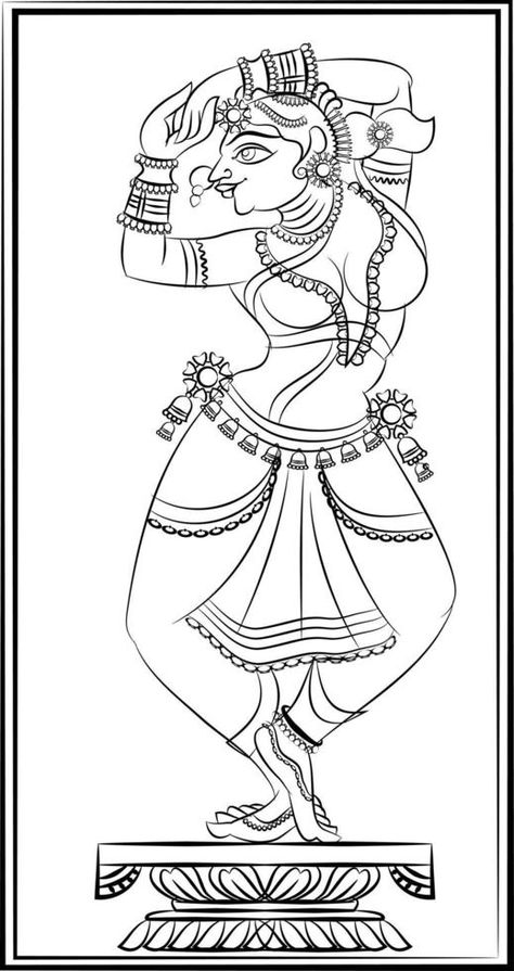 Lord's Gopika, Sevika, or lady servants have drawn in Indian folk art, Kalamkari style. for textile printing, logo, wallpaper Fancy Lady Drawing, Kalamkari Sketches, Indian Art Sketch, Indian Folk Art Drawing, Indian Line Art, Kalamkari Drawing, Tracing Drawings, Odisha Pattachitra, Folk Drawing