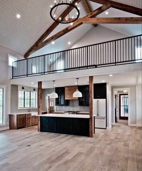 Barn House Interior, Black Barndominium, Barn House Design, Barn Style House Plans, Barndominium Ideas Floor Plans, Shed Homes, Barn Style House, Exposed Beams, House Plans Farmhouse