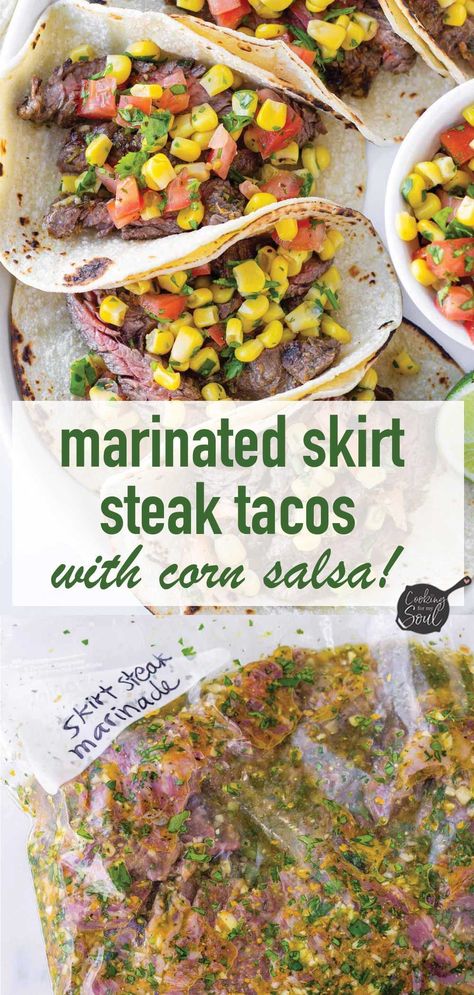 These marinated skirt tacos are so flavorful and tender. Skirt steak is marinated for 2 hours and grilled until perfection. Serve with homemade corn salsa! Marinade For Steak Tacos, Steak Tacos Marinade, Skirt Steak Tacos Recipes, Flank Steak Marinade For Tacos, Marinating Skirt Steak, Fajita Marinade Recipe Skirt Steak, Skirt Steak Marinade For Tacos, Skirt Steak Marinade Mexican, Strip Steak Marinade