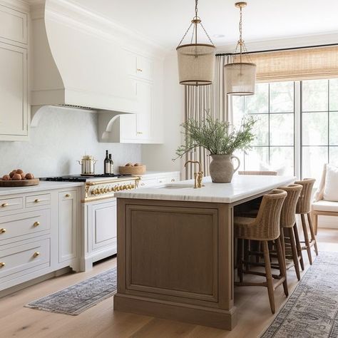 The perfect space to read a book! 🤎 Design: @windthekey Follow @windthekey for more design inspiration. #livingroom #colonialhouse… | Instagram White Beige Gold Kitchen, Wood Island White Countertop, White Cabinets With Oak Island, Kitchen Table Next To Island, Ivory And Wood Kitchen, Natural Wood Island White Cabinets, Kitchen Gold Fixtures, White And Light Wood Kitchen, Natural Wood Kitchen Island