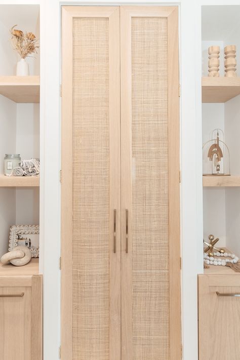 Lattice Closet Doors, Closet Doors Minimalist, Doors To Walk In Closet, Pantry Closet With Sliding Doors, Unique Closet Doors Wood, Rattan Closet Doors Modern, Narrow French Doors Closet, Cane Doors Closet, Boho Bedroom Closet Doors