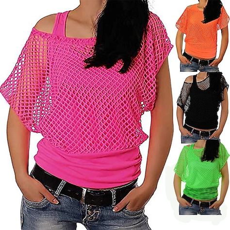 Neon T Shirt, 80s Costumes, 1980s Outfits, Style Année 80, 80s Inspired Outfits, Blusas Crop Top, 80s Party Outfits, Net Blouse, Off Shoulder T Shirt