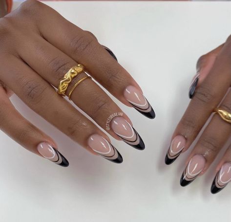 Nails With Black Details, Almond Shaped Nails Designs, Classy Almond Nails, Lily Nails, Natural Acrylic, Neon Acrylic Nails, Natural Acrylic Nails, Chic Nail Designs, Boho Nails