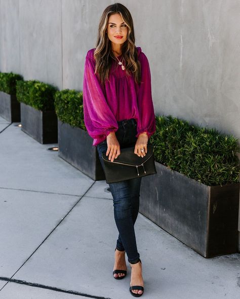 962e56a8a0b0420d87272a682bfd1e53desc50323342ri Magenta Shirt Outfit Women, Fuschia Top Outfit, Magenta Top Outfit, Magenta Outfits, Magenta Top, Purple Floral Top, Draped Blouse, Stunning Tops, Stylish Work Outfits