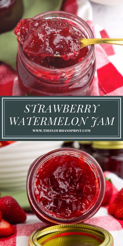 Strawberry watermelon jam is the perfect jam recipe for canning in the summer. It captures the freshness of watermelon and creates a bright strawberry infused homemade jam you'll be slathering on everything. #summerjamrecipes #summerjams #strawberryjam #watermelonjam #strawberrywatermelonrecipes #theflourhandprint #homecanning #jamforcanning Watermelon Jam Canning, Strawberry Watermelon Jam, How To Preserve Watermelon, Watermelon Canning Recipes, Watermelon Jam Recipe, Melon Jam, Watermelon Recipes Dessert, Marmalade Recipe Easy, Watermelon Jam