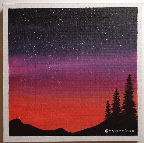 Beginner Sunset Acrylic Painting, Sunset To Night Sky Painting, Sunset Scenery Painting Easy, Sunset Art Ideas, Easy Acrylic Painting Step By Step, Diy Sunset Painting Easy, Night Sunset Painting, How To Paint Sunset Easy, Simple Acrylic Paintings Sunset