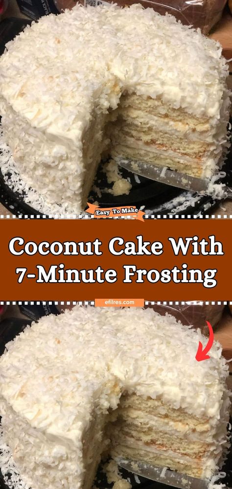 Celebrate any occasion with the light and fluffy Coconut Cake with 7-Minute Frosting, a classic dessert that's as beautiful as it is delicious. Each layer of this tender cake is infused with the sweet aroma of coconut, then frosted with a light, marshmallow-like frosting that's a joy to eat. It's a piece of tropical paradise on a plate, perfect for birthdays, holidays, or whenever you need a little bit of sweetness in your life. #CoconutDream #FluffyFrosting #CelebrationCake Coconut Cake Frosting, Homemade Coconut Cake, Seven Minute Frosting, 7 Minute Frosting, Coconut Icing, Marshmallow Frosting, Coconut Frosting, Frosting Recipe, Cake Icing