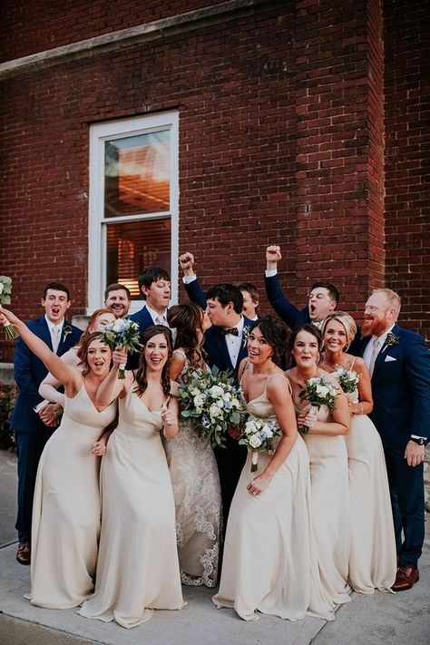 Navy Suits With Champagne Dresses, Ivory And Navy Wedding, Navy Suit And Champagne Dress, Champagne Bridesmaid Dresses And Navy Suits, Navy Blue Suit With Champagne Tie, Midnight Blue And Champagne Wedding, Navy And Champagne Bridal Party, Wedding Color Palette Classic, Beige And Navy Blue Wedding