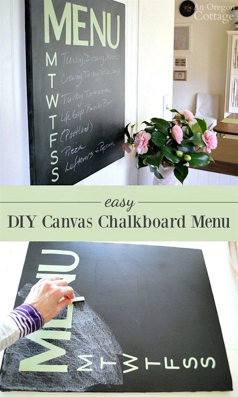 Keep track of your weekly menu with this easy DIY canvas chalkboard menu that looks as good as it is useful. Diy Kitchen Art, Weekly Chalkboard, Canvas Stickers, Diy Wedding Menu, Menu Planner, Weekly Menu, Kitchen Diy, Chalkboard Art, Canvas Designs