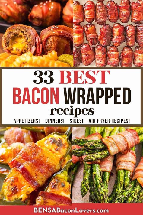 Best recipes for bacon wrapped smokies, chicken, asparagus, dates, jalapenos, pork tenderloin, scallops, green beans, water chestnuts and much more. Bacon makes everything better!