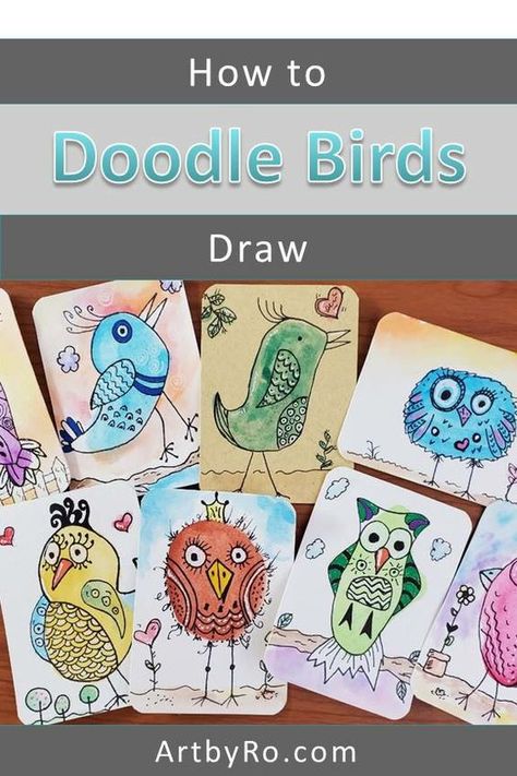 Zentangle Birds Doodles, Doodle Birds To Draw, Whimsical Bird Art Watercolors, Wash And Ink Watercolour, Cute Easy Bird Drawings, Doodling With Watercolor, Doodles On Watercolor, Whimsical Drawings Doodles, Whimsical Birds Drawing