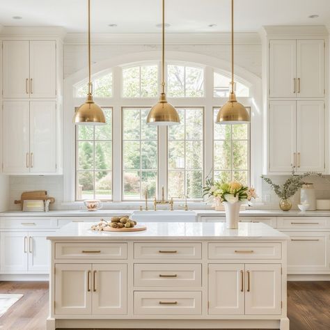 Welcome to a kitchen dreams are made of! 🌟 This white oasis with soaring ceilings and elegant arched windows epitomizes timeless sophistication. The abundance of natural light flooding in creates an airy atmosphere, while the white palette enhances the feeling of spaciousness. Who else is swooning over this picture-perfect space? ✨ #unionhomedesign #WhiteKitchen #HighCeilings #ArchedWindows #TimelessElegance #InteriorDesignInspo"#MainLineInteriors #MainLineDesign #PhiladelphiaDesigner #Mai... Cabinets In Breakfast Area, Arched Window In Kitchen, White Kitchen Renovation Ideas, Modern Kitchen With Color, Vaulted Ceiling Kitchen Windows, New Orleans Kitchen Design, Lighted Cabinets In Kitchen, Off White Farmhouse Kitchen, Natural Light Kitchen Ideas