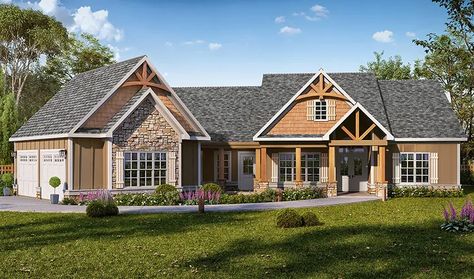 1 Level House Plans, 1 Level House, Rustic Craftsman Home, Angled Bedroom, House Plans With Garage, One Level House Plans, Angled Garage, Ranch Houses, Rustic Craftsman