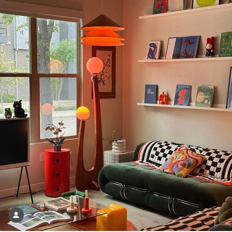 Eccentric Mid Century Modern, Maximalist Condo, Funky Mid Century Modern Living Room, 1990 Interior Design, Sofa Positioning Living Rooms, Eclectic Maximalist Living Room, Color Block Room, Pop Art Apartment, Maximalist Studio Apartment