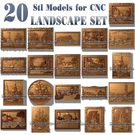 3d stl 20 + pieces landscape engraving art models set for cnc router artcam aspire -Download Cnc Router Plans, Cnc Router Projects, Cnc Wood Carving, Router Cnc, Router Projects, Art Models, Embroidery Store, Cnc Art, Routeur Cnc