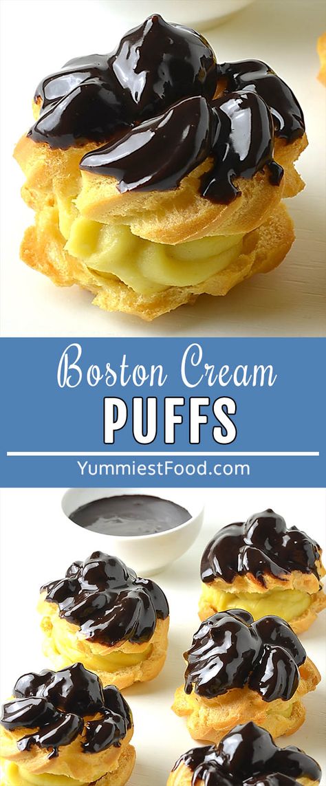 Boston Cream Puffs – Recipe from Yummiest Food Cookbook Classic Cream Puffs, Moms Cream Puffs, Boston Cream Puff Pastry, Mini Cream Puffs Recipe Easy, Boston Cream Puffs, Cream Filled Pastries, Cream Puff Recipes, Boston Cream Filling Recipe, Boston Cream Filling