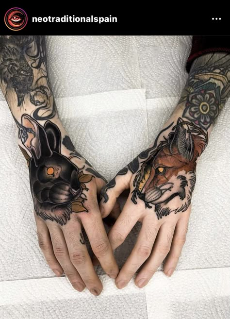 Traditional Hand Tattoo, Still Healing, Tattoo Apprenticeship, Tattoo Beautiful, Planet Tattoos, Rabbit Tattoos, Men Tattoo, Hand Tattoos For Women, Fox Tattoo