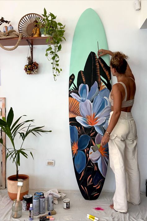 Custom surfboard for indoor design idea Painting A Surfboard, Custom Surfboard Design, Surf Board Designs Surfboard Art, Cool Surfboard Designs, Painted Surf Board, Diy Surfboard Decor, Painted Surfboard Ideas, Surf Boards Designs, Surf Board Painting