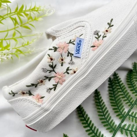 Vans Slip On Embroidered, Embroidery Slip On Shoes, Vans Embroidery Slip On, Embroidery For Shoes, Embroidery Patterns Shoes, Embroidery Wedding Shoes, Hand Embroidered Shoes, Embroidered Vans Slip On, Shoe Embroidery Ideas