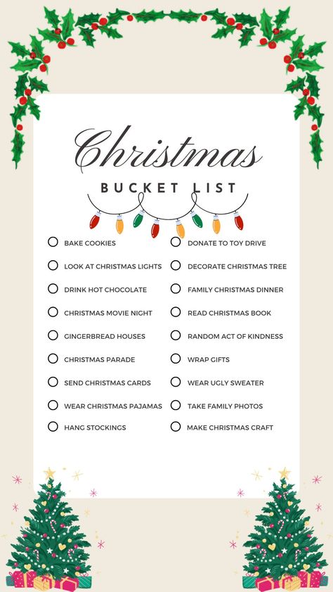 Cute and fun all age's Christmas/Winter bucket list. Christmas Fun List, Christmas Todo List, Christmas Bucket List For Teens, Bucket List Ideas Winter, December Bucket List Christmas, Holiday Season Bucket List, Holiday Bucket List Christmas, Winter Goals Bucket Lists, Christmas Traditions Ideas