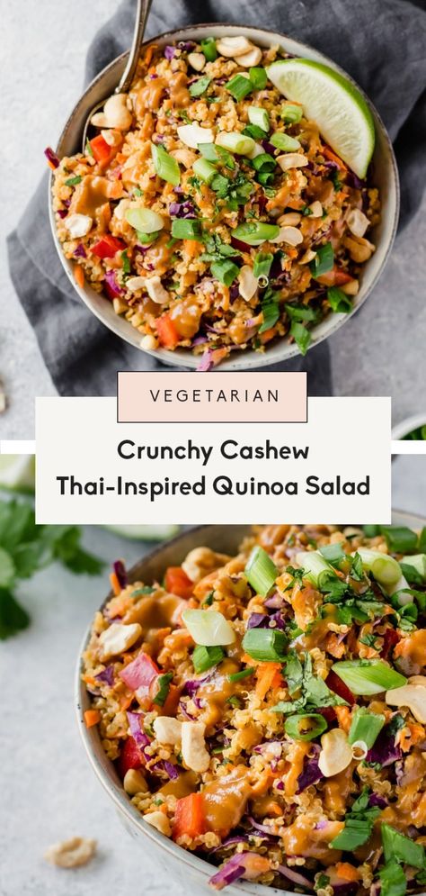 Crunchy, flavorful Thai-inspired quinoa salad filled with rainbow veggies and tossed in a creamy peanut ginger dressing. This easy Thai quinoa salad is delicious as-is and great for customizing with your favorite proteins! Perfect for meal prep lunches, picnics or parties. This salad is a crowd-pleaser! #salad #healthylunch #quinoasalad #thaifood Peanut Ginger Dressing, Thai Quinoa Salad, Thai Quinoa, Meal Prep Lunches, Rainbow Veggies, Ambitious Kitchen, Ginger Dressing, Quinoa Salad Recipes, Prepped Lunches