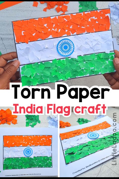 Torn Paper India Flag Craft Independence Day Preschool Crafts, International Day At School Ideas India, Republic Day Activity For Kindergarten, Indian Flag Craft For Kids, Flag Activity For Preschool, Independence Day Ideas For Kids, Independence Activity For Kids, Independence Day Kids Activities, India Crafts For Kids Culture