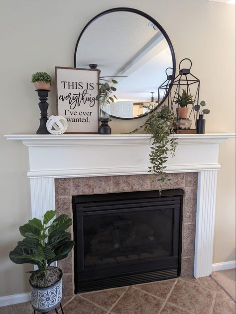 Fireplace Mantle Decor With Mirror And Pictures, Wall Decor For Fireplace Wall, Mantel Vase Ideas, Photo Collage Wall Above Mantle, Layering Fireplace Mantle, Mantle Decor With Circle Mirror, Mantles With Round Mirrors, Kitchen Fireplace Mantle Decor, Formal Living Room Mantle Decor