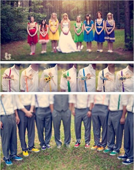 (: Rainbow Bridesmaid Dresses, Rainbow Suspenders, Rainbow Bridesmaids, Rainbow Wedding Theme, Wedding Tumblr, Groomsmen Shoes, Grooms Men, Bridesmaid Groomsmen, Bohemian Rainbow