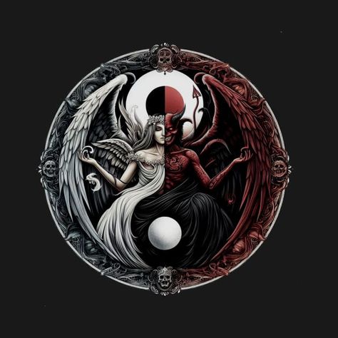 Check out this awesome 'Ying+Yang+Angel+Demon+Good+Evil+Bad+illustration' design on @TeePublic! Ying Yang Tattoo, Ying And Yang, Angel Demon, Yin Yang Art, Heaven And Hell, Ying Yang, Good And Evil, Tattoo Fonts, Kids Magnets