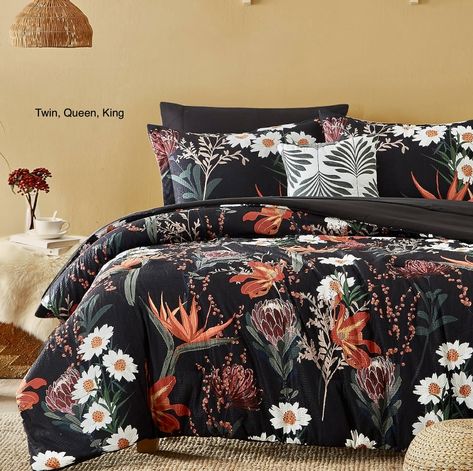 Black bedding set with birds of paradise, daisies, and other flowers Queen Size Bed Sets, Full Comforter Sets, Queen Size Comforter Sets, Black Comforter, King Size Comforter Sets, Floral Comforter Sets, Queen Size Comforter, King Size Comforters, Twin Comforter Sets