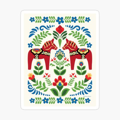 "Swedish Dala Horses Red" Poster for Sale by bpixton | Redbubble Quilling Design, Folk Print, Folk Design, Red Art Print, Blue Art Prints, Dala Horse, Scandinavian Folk Art, Blue Poster, Diy Frames